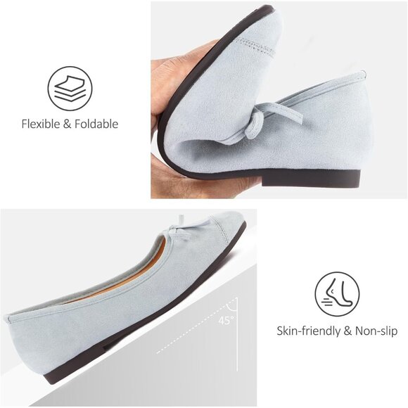 Women's Light Blue Faux Suede Square Toe Slip On Cap Toe Bow Dressy Flat Shoes - Picture 6 of 7